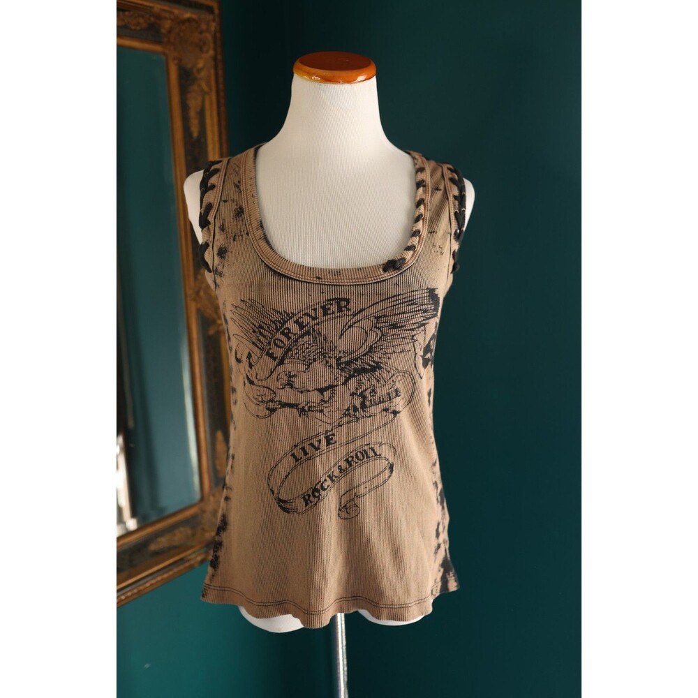 Vintage RXB Y2K Lace Tie Dye Grunge Tattoo Emo Mall Goth Brown Tank Top Large